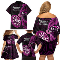 New Zealand Darts Family Matching Off Shoulder Short Dress and Hawaiian Shirt Happiness Is A Tight Threesome Maori Pink LT14 - Polynesian Pride