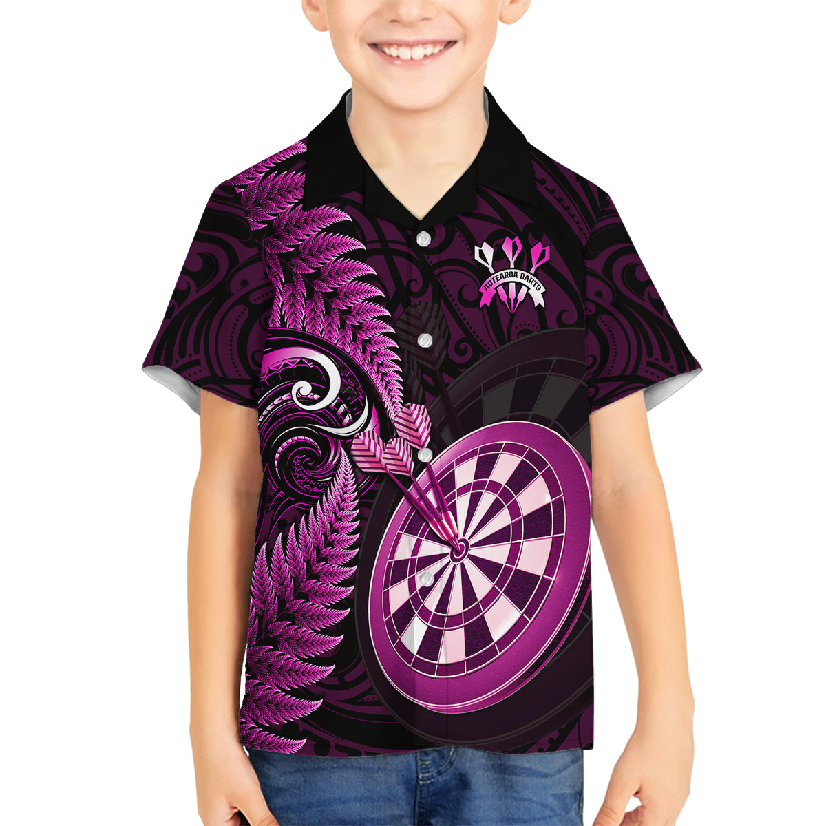 Personalised New Zealand Darts Kid Hawaiian Shirt Happiness Is A Tight Threesome Maori Pink LT14 - Polynesian Pride