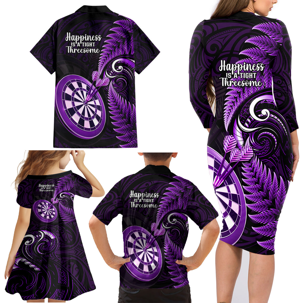New Zealand Darts Family Matching Long Sleeve Bodycon Dress and Hawaiian Shirt Happiness Is A Tight Threesome Maori Purple LT14 - Polynesian Pride