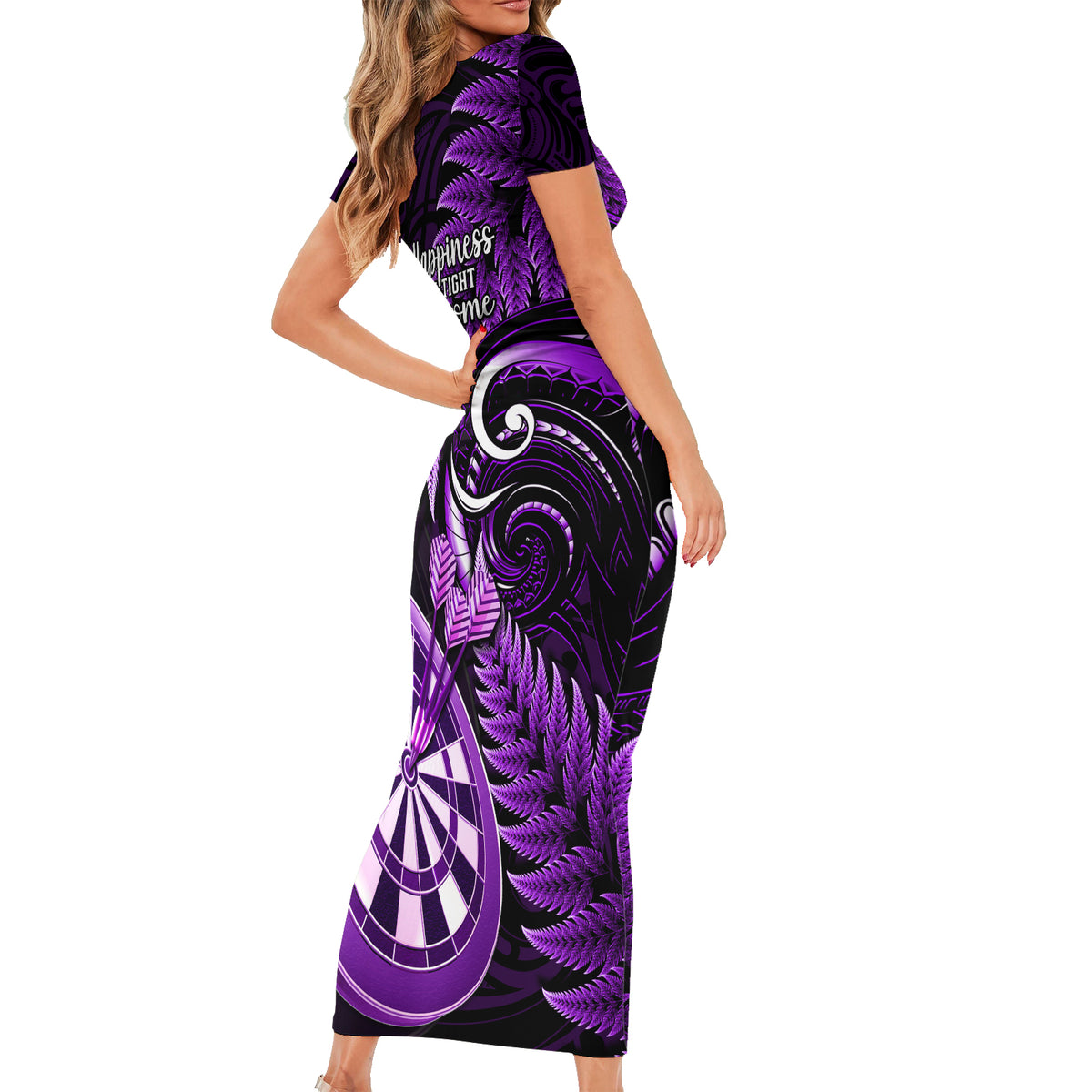 New Zealand Darts Short Sleeve Bodycon Dress Happiness Is A Tight Threesome Maori Purple LT14 - Polynesian Pride