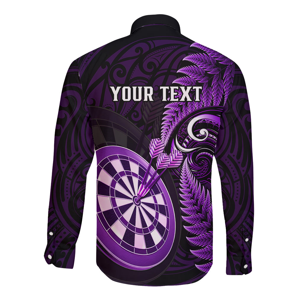 Personalised New Zealand Darts Long Sleeve Button Shirt Happiness Is A Tight Threesome Maori Purple LT14 - Polynesian Pride
