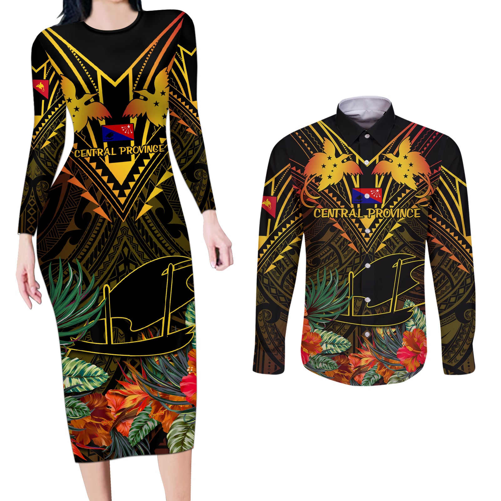 Papua New Guinea Central Province Couples Matching Long Sleeve Bodycon Dress and Long Sleeve Button Shirts Papua Niugini Coat Of Arms With Flag Style LT14 Black - Polynesian Pride