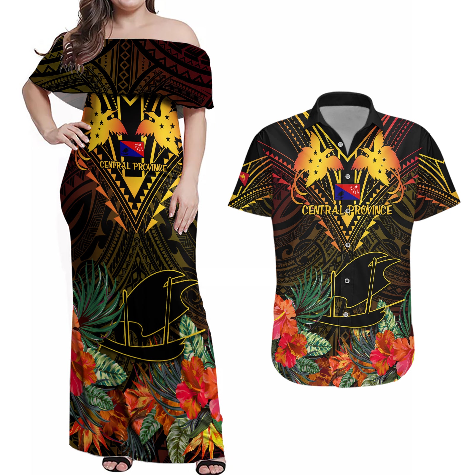 Papua New Guinea Central Province Couples Matching Off Shoulder Maxi Dress and Hawaiian Shirt Papua Niugini Coat Of Arms With Flag Style LT14 Black - Polynesian Pride