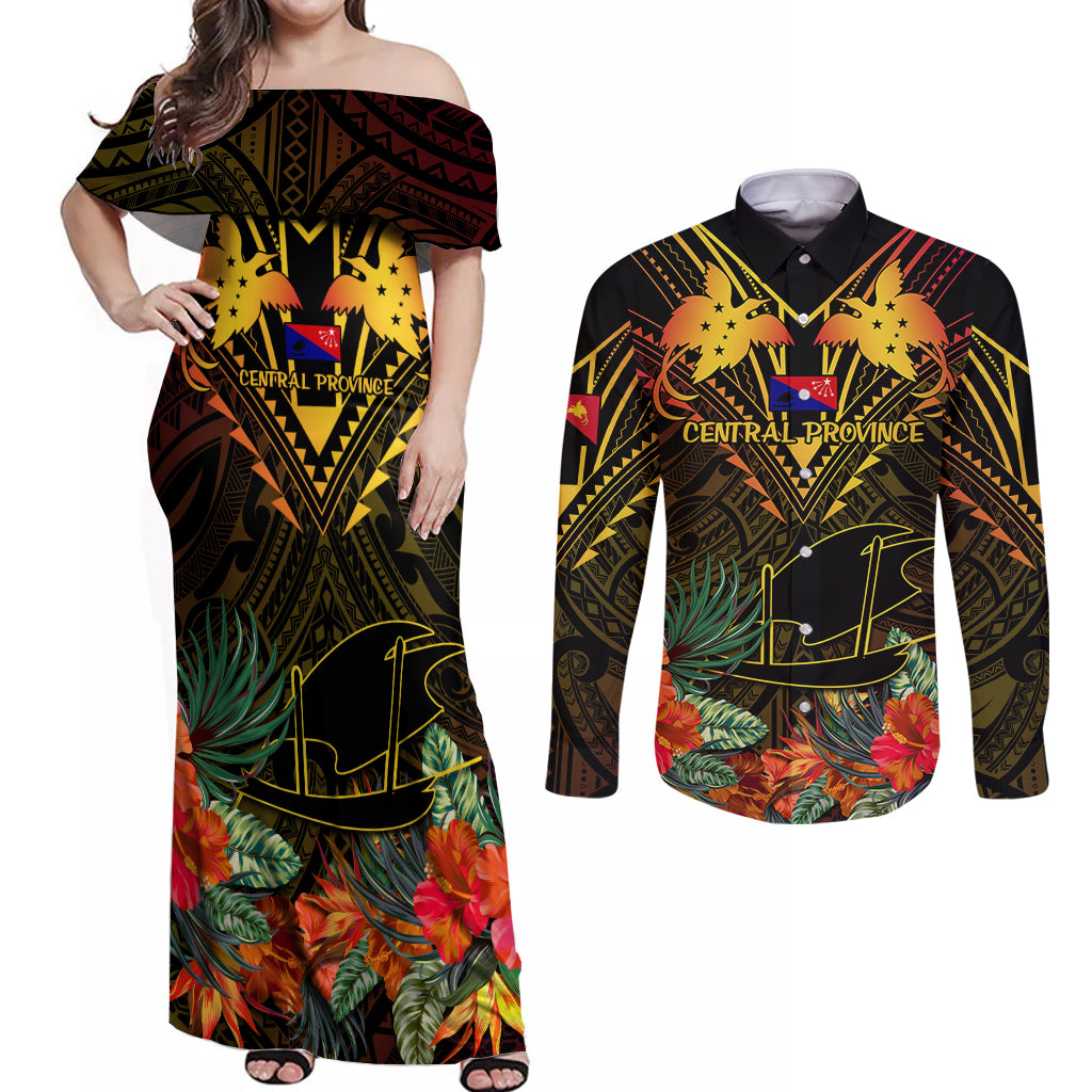 Papua New Guinea Central Province Couples Matching Off Shoulder Maxi Dress and Long Sleeve Button Shirts Papua Niugini Coat Of Arms With Flag Style LT14 Black - Polynesian Pride