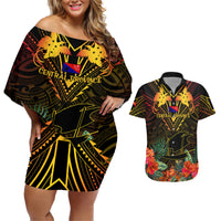 Papua New Guinea Central Province Couples Matching Off Shoulder Short Dress and Hawaiian Shirt Papua Niugini Coat Of Arms With Flag Style LT14 Black - Polynesian Pride