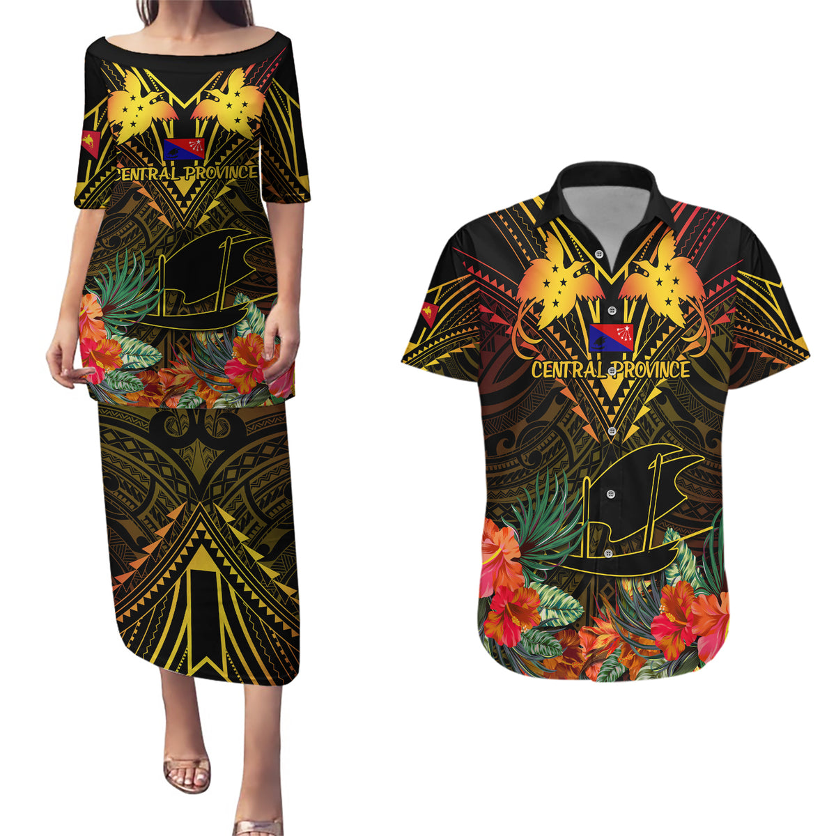 Papua New Guinea Central Province Couples Matching Puletasi Dress and Hawaiian Shirt Papua Niugini Coat Of Arms With Flag Style LT14 Black - Polynesian Pride
