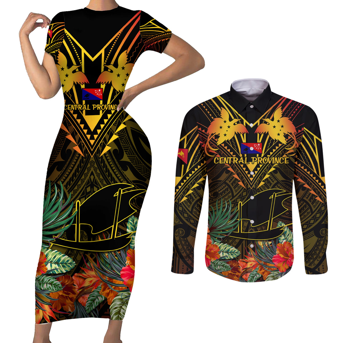 Papua New Guinea Central Province Couples Matching Short Sleeve Bodycon Dress and Long Sleeve Button Shirts Papua Niugini Coat Of Arms With Flag Style LT14 Black - Polynesian Pride