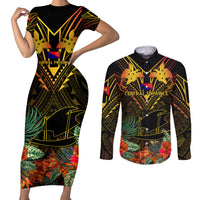 Papua New Guinea Central Province Couples Matching Short Sleeve Bodycon Dress and Long Sleeve Button Shirts Papua Niugini Coat Of Arms With Flag Style LT14 Black - Polynesian Pride