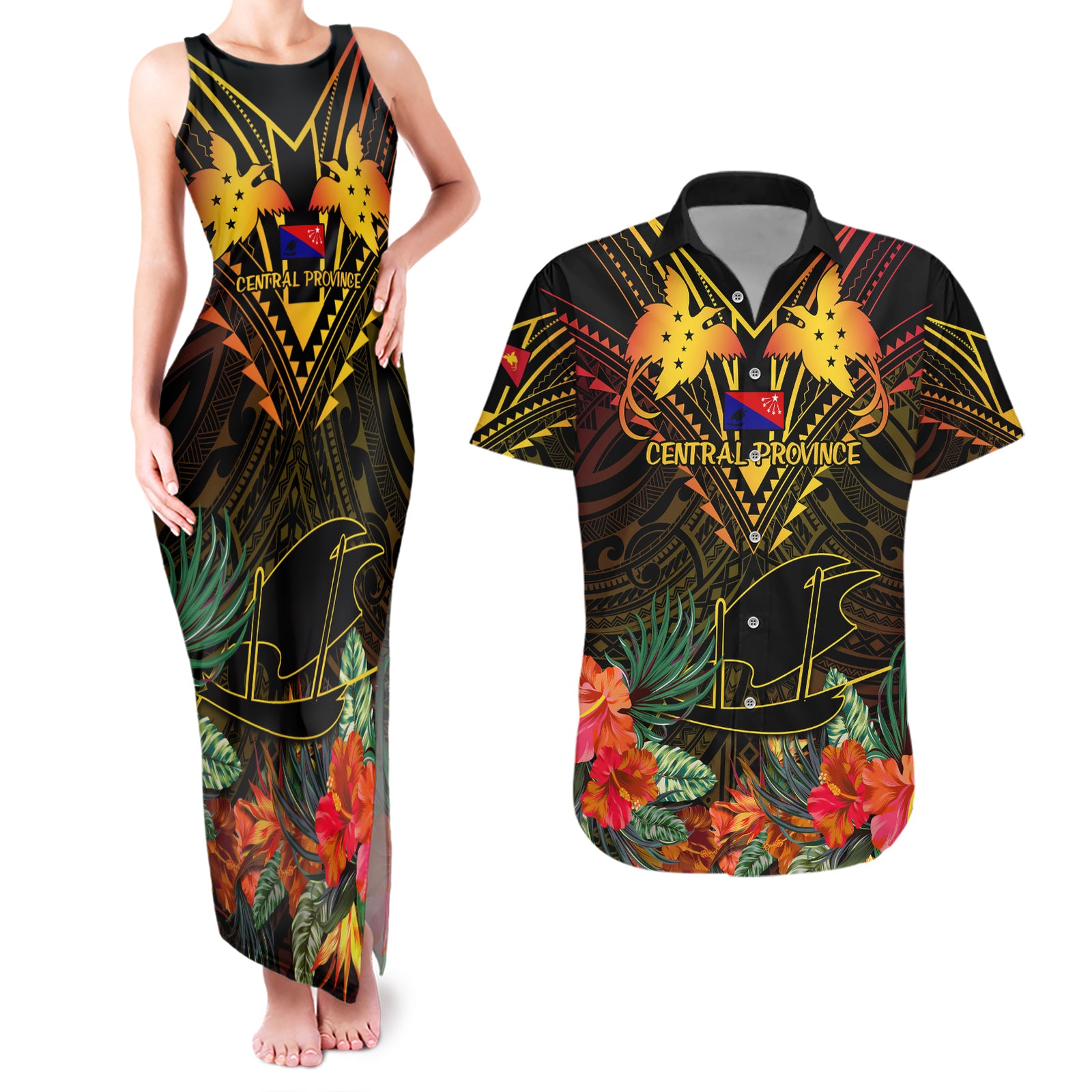 Papua New Guinea Central Province Couples Matching Tank Maxi Dress and Hawaiian Shirt Papua Niugini Coat Of Arms With Flag Style LT14 Black - Polynesian Pride