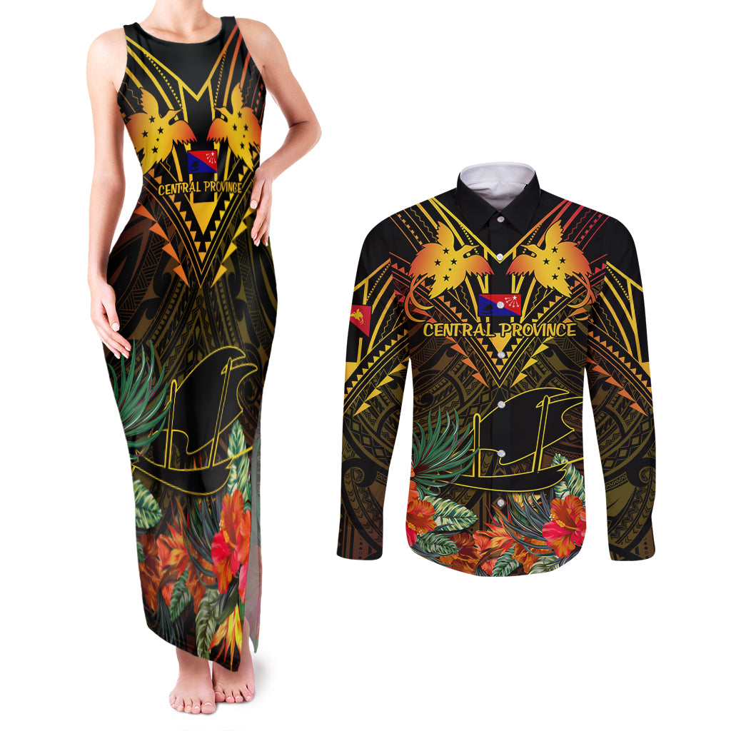 Papua New Guinea Central Province Couples Matching Tank Maxi Dress and Long Sleeve Button Shirts Papua Niugini Coat Of Arms With Flag Style LT14 Black - Polynesian Pride