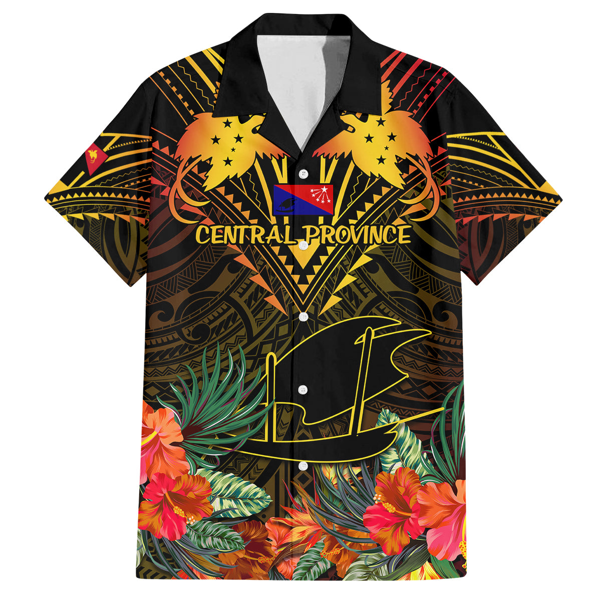 Papua New Guinea Central Province Family Matching Puletasi Dress and Hawaiian Shirt Papua Niugini Coat Of Arms With Flag Style LT14 Dad's Shirt - Short Sleeve Black - Polynesian Pride