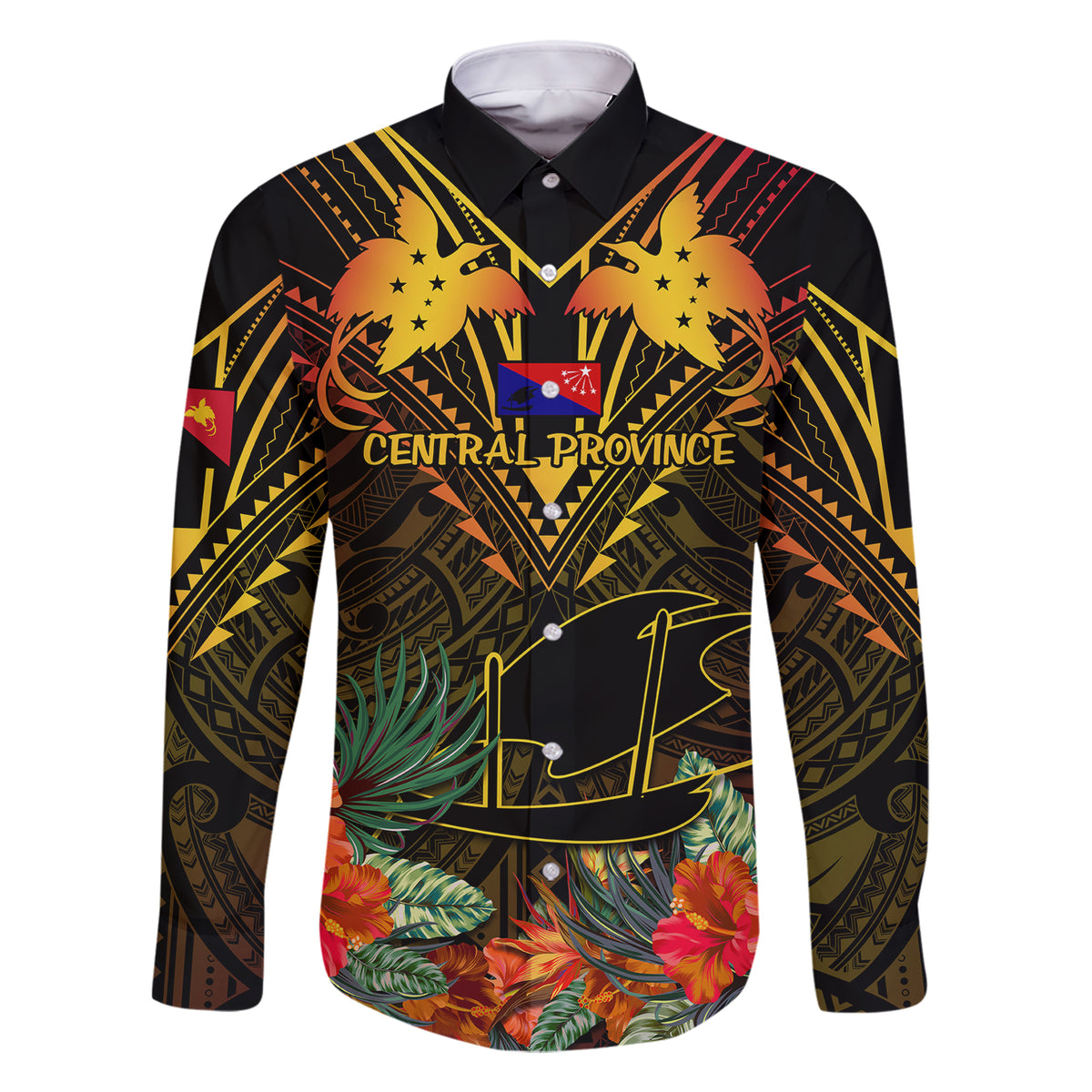 Papua New Guinea Central Province Family Matching Short Sleeve Bodycon Dress and Hawaiian Shirt Papua Niugini Coat Of Arms With Flag Style LT14 Dad's Shirt - Long Sleeve Black - Polynesian Pride