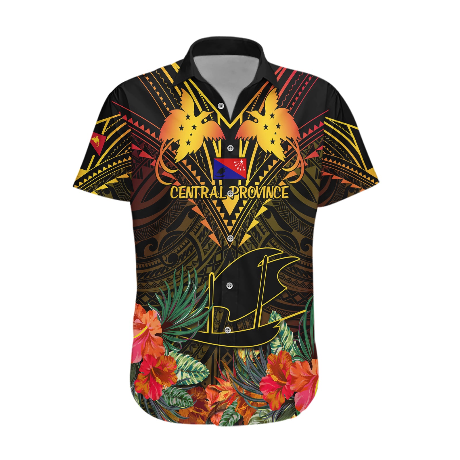 Papua New Guinea Central Province Hawaiian Shirt Papua Niugini Coat Of Arms With Flag Style LT14 Black - Polynesian Pride