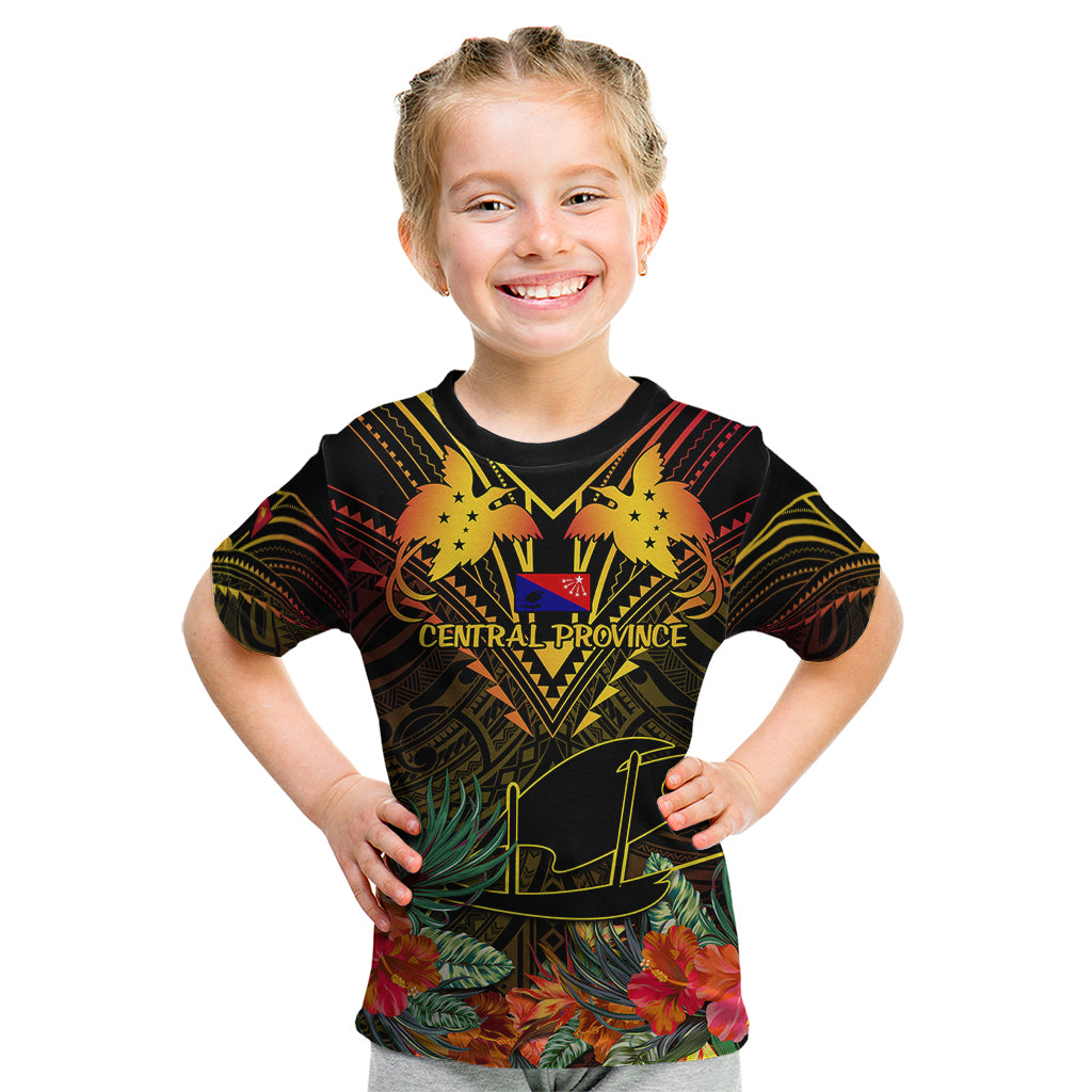 Papua New Guinea Central Province Kid T Shirt Papua Niugini Coat Of Arms With Flag Style LT14 Black - Polynesian Pride