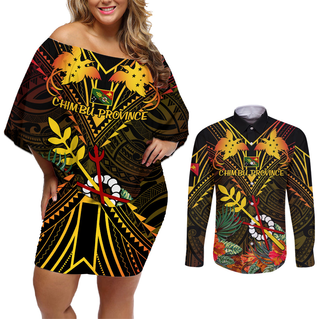 Papua New Guinea Chimbu Province Couples Matching Off Shoulder Short Dress and Long Sleeve Button Shirts Papua Niugini Coat Of Arms With Flag Style LT14 Black - Polynesian Pride