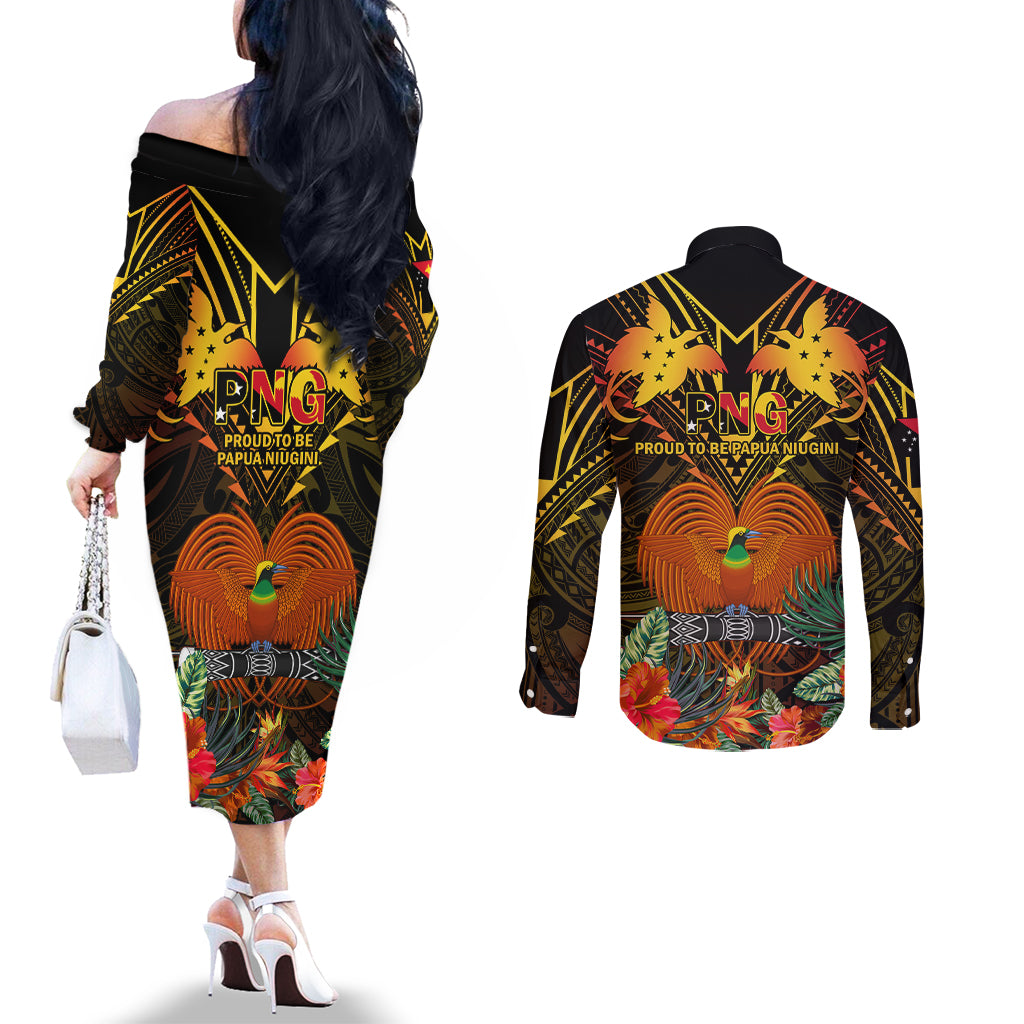 Papua New Guinea Chimbu Province Couples Matching Off The Shoulder Long Sleeve Dress and Long Sleeve Button Shirts Papua Niugini Coat Of Arms With Flag Style LT14 - Polynesian Pride