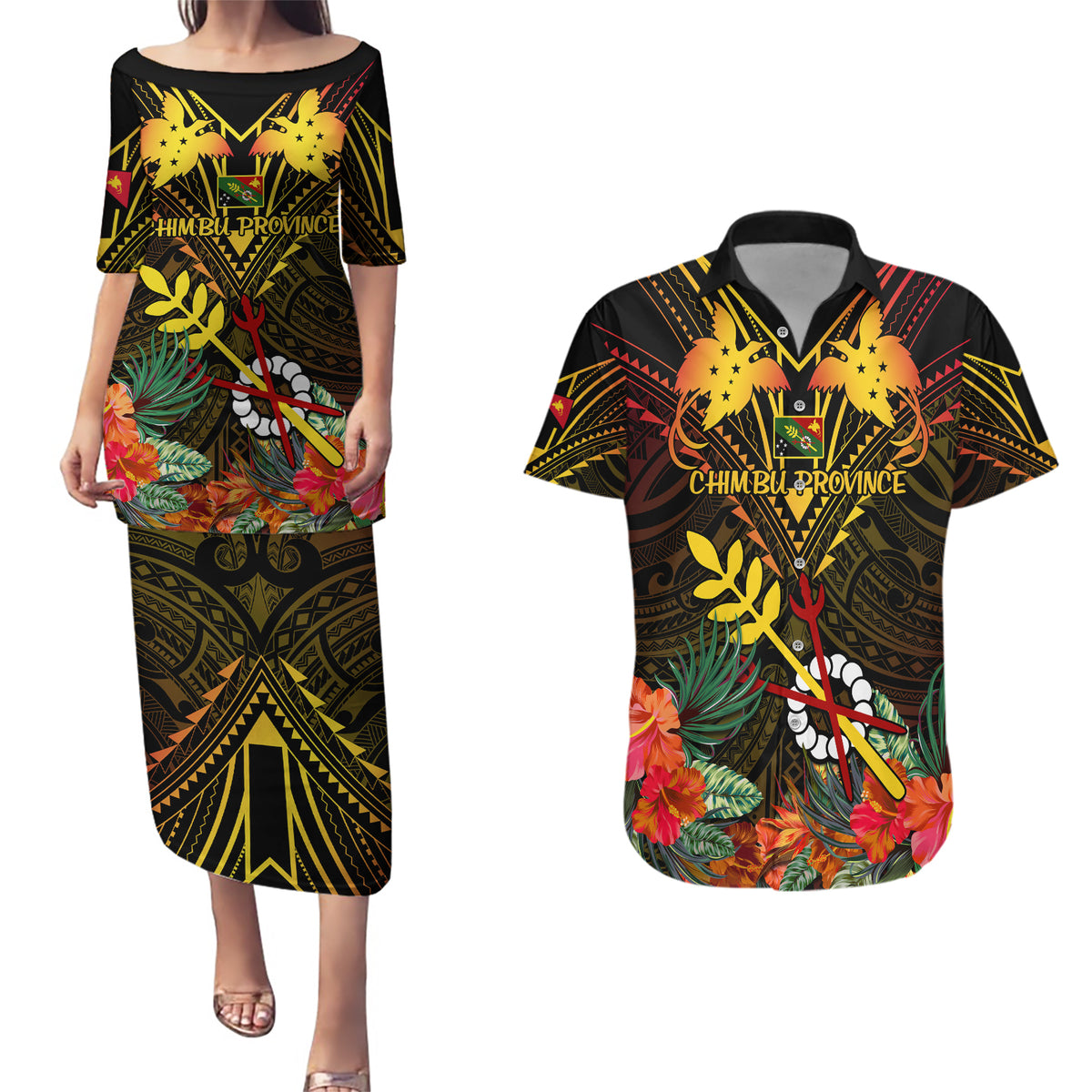 Papua New Guinea Chimbu Province Couples Matching Puletasi Dress and Hawaiian Shirt Papua Niugini Coat Of Arms With Flag Style LT14 Black - Polynesian Pride