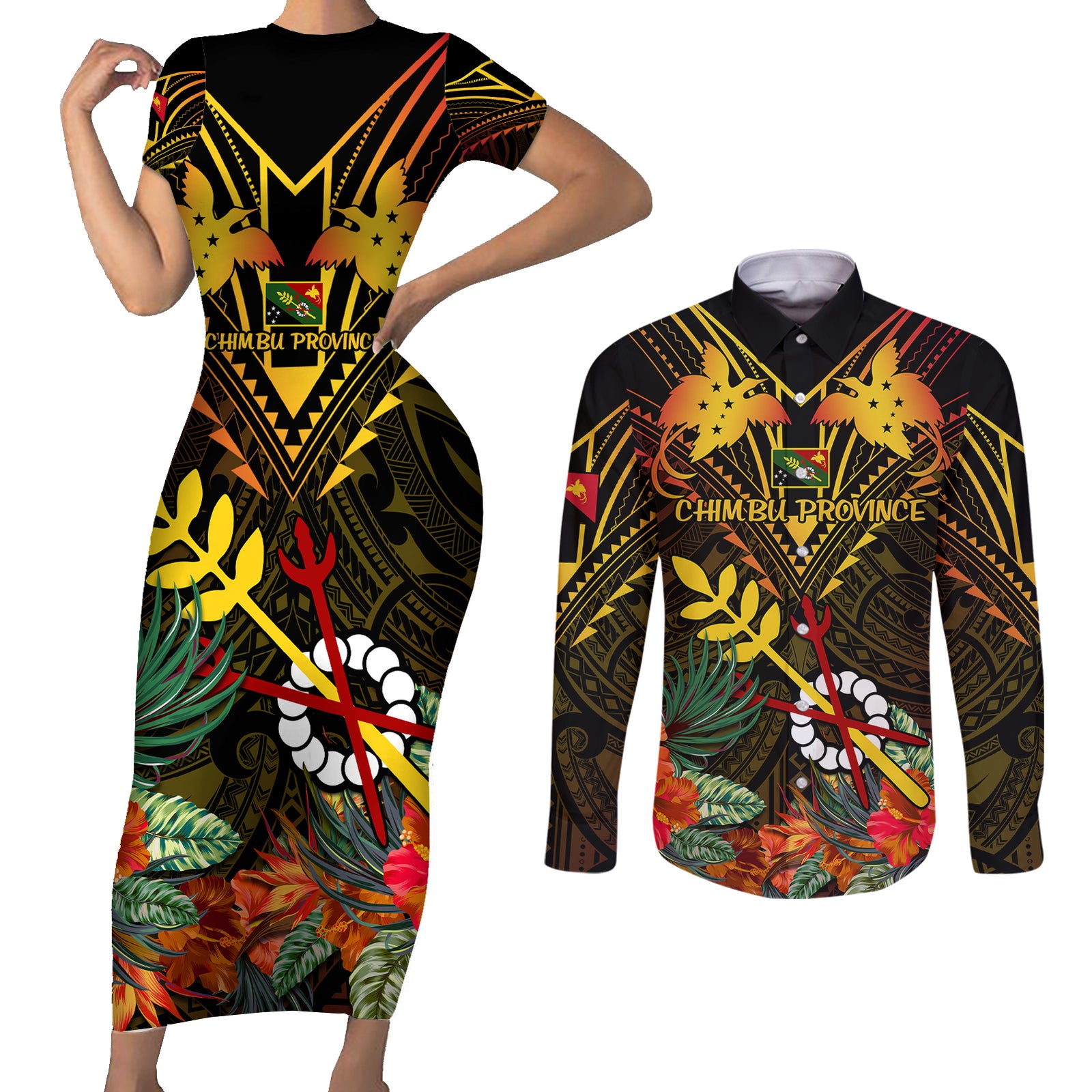 Papua New Guinea Chimbu Province Couples Matching Short Sleeve Bodycon Dress and Long Sleeve Button Shirts Papua Niugini Coat Of Arms With Flag Style LT14 Black - Polynesian Pride