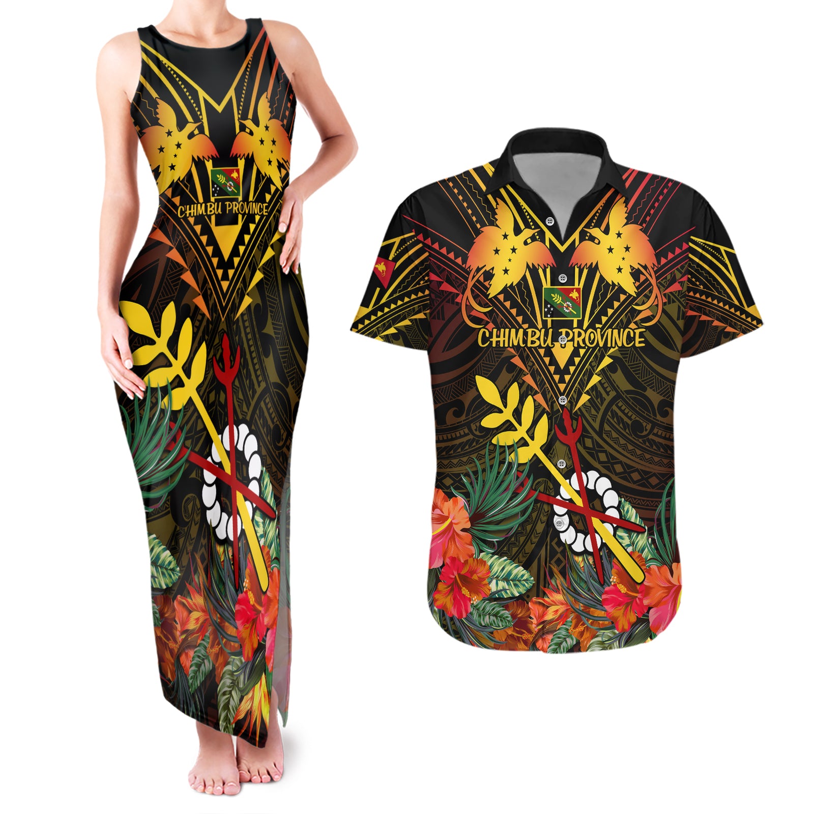 Papua New Guinea Chimbu Province Couples Matching Tank Maxi Dress and Hawaiian Shirt Papua Niugini Coat Of Arms With Flag Style LT14 Black - Polynesian Pride