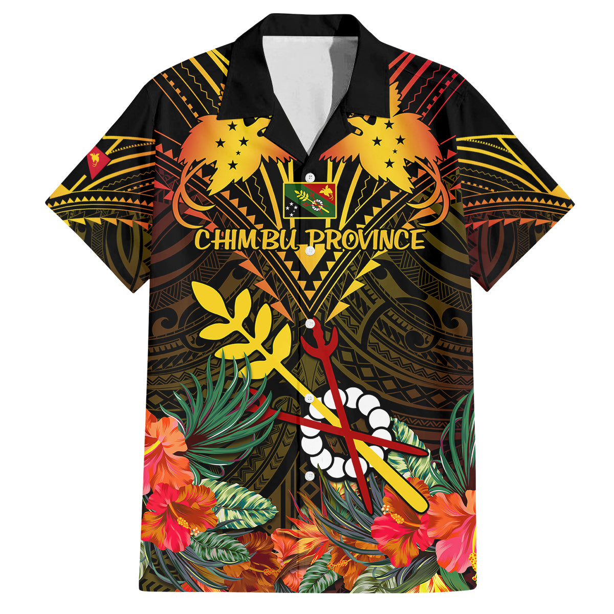 Papua New Guinea Chimbu Province Family Matching Puletasi Dress and Hawaiian Shirt Papua Niugini Coat Of Arms With Flag Style LT14 Dad's Shirt - Short Sleeve Black - Polynesian Pride
