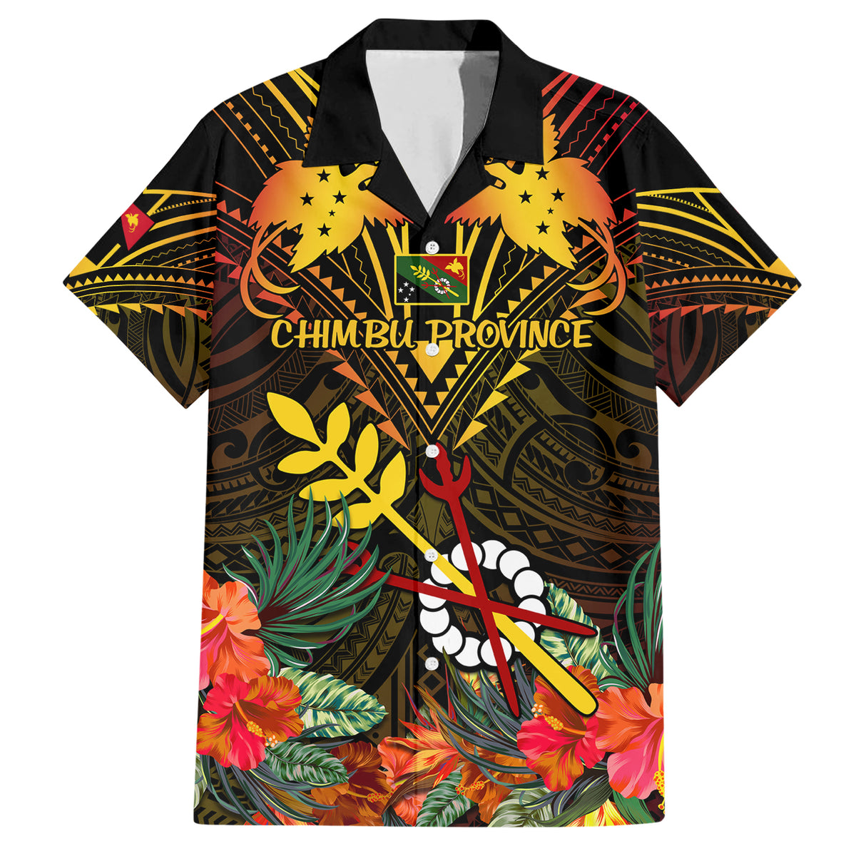 Papua New Guinea Chimbu Province Family Matching Short Sleeve Bodycon Dress and Hawaiian Shirt Papua Niugini Coat Of Arms With Flag Style LT14 Dad's Shirt - Short Sleeve Black - Polynesian Pride