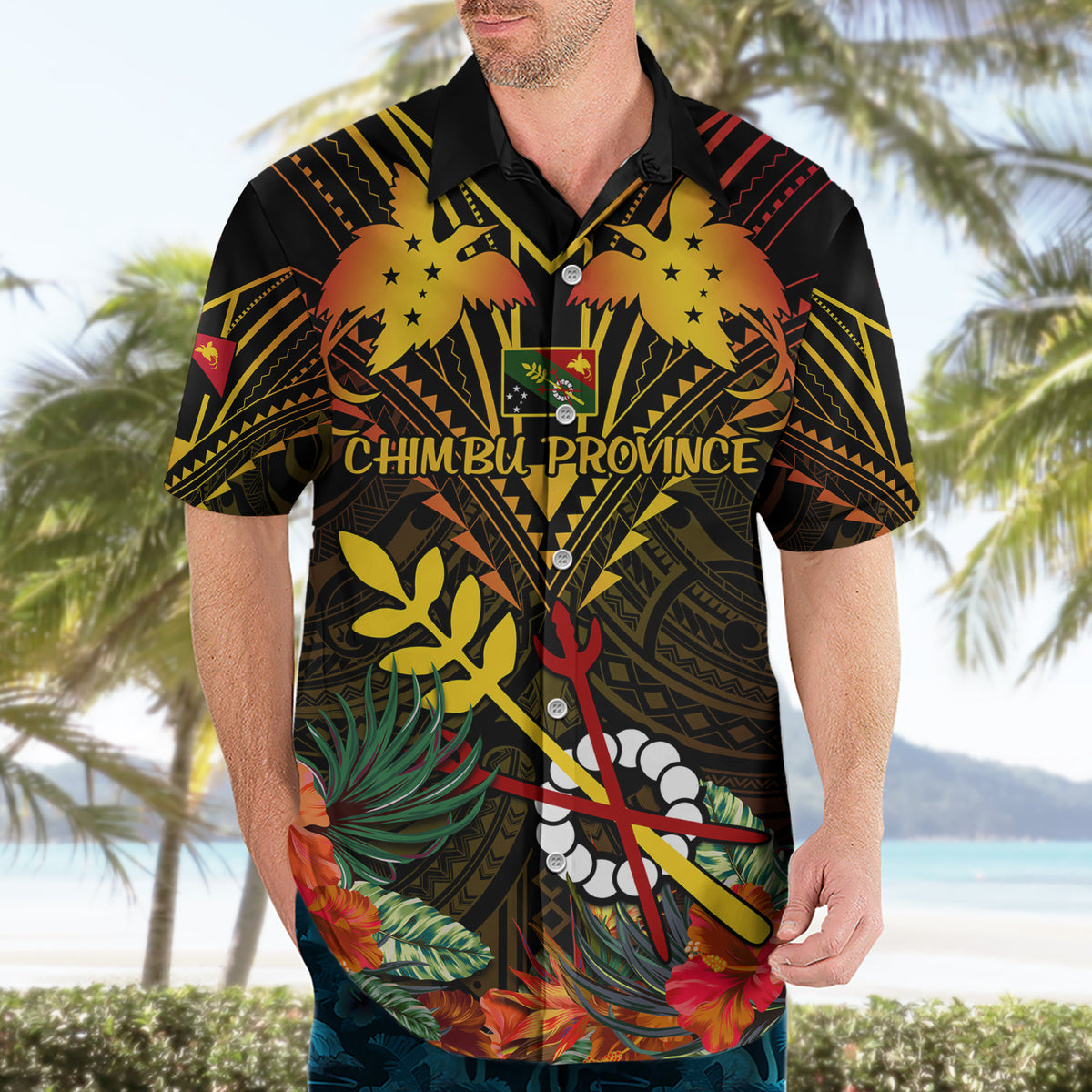 Papua New Guinea Chimbu Province Hawaiian Shirt Papua Niugini Coat Of Arms With Flag Style LT14 - Polynesian Pride