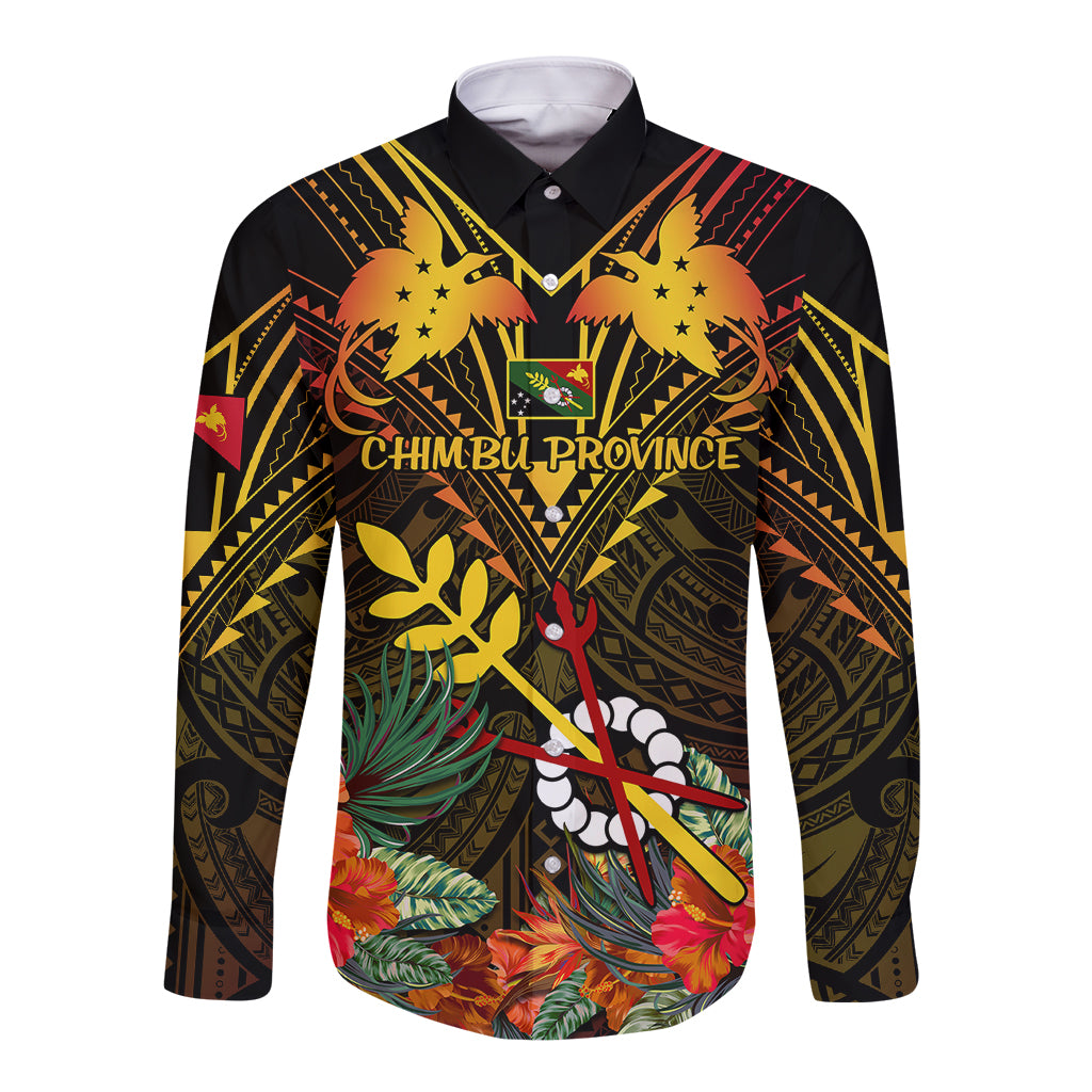 Papua New Guinea Chimbu Province Long Sleeve Button Shirt Papua Niugini Coat Of Arms With Flag Style LT14 Unisex Black - Polynesian Pride
