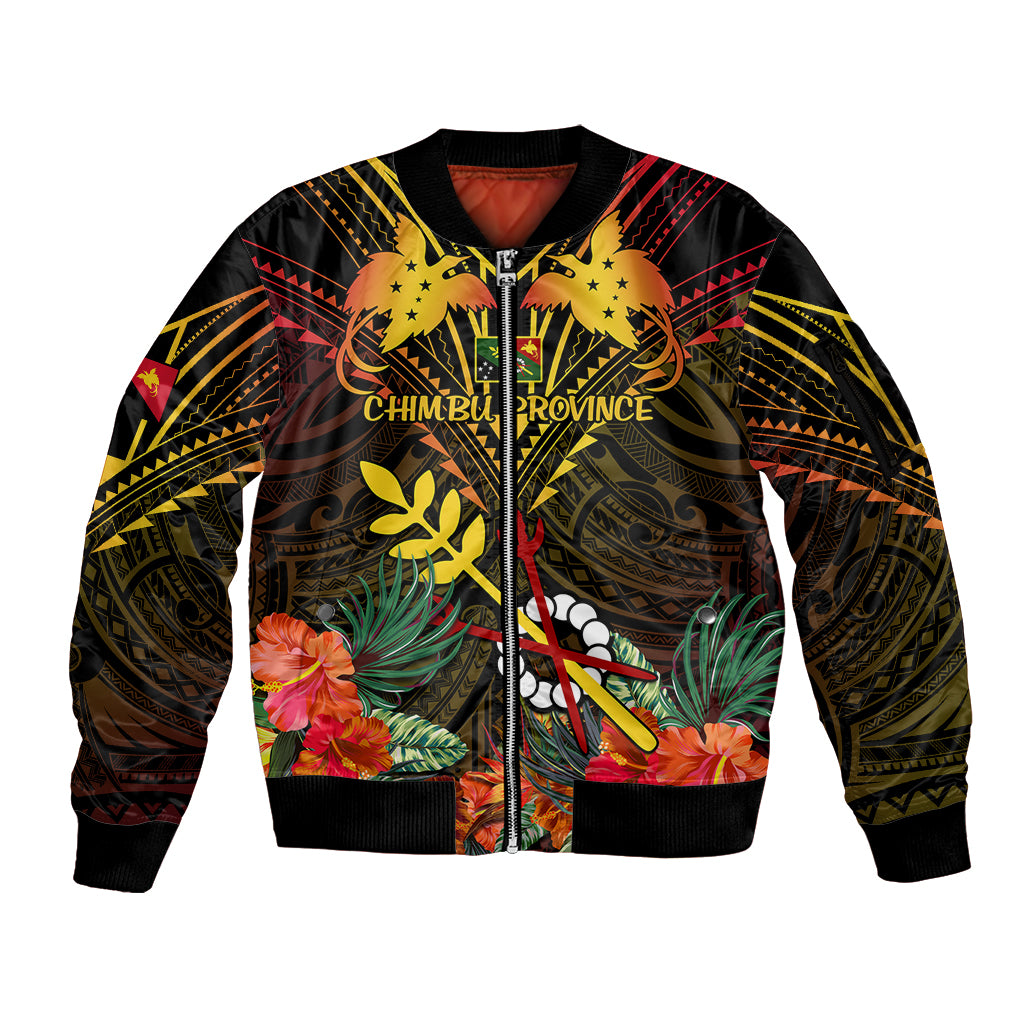 Papua New Guinea Chimbu Province Sleeve Zip Bomber Jacket Papua Niugini Coat Of Arms With Flag Style LT14 Unisex Black - Polynesian Pride