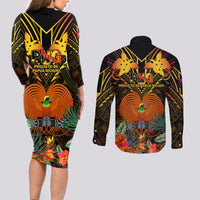 Papua New Guinea East New Britain Province Couples Matching Long Sleeve Bodycon Dress and Long Sleeve Button Shirts Papua Niugini Coat Of Arms With Flag Style LT14 - Polynesian Pride