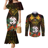 Papua New Guinea East New Britain Province Couples Matching Mermaid Dress and Long Sleeve Button Shirts Papua Niugini Coat Of Arms With Flag Style LT14 Black - Polynesian Pride