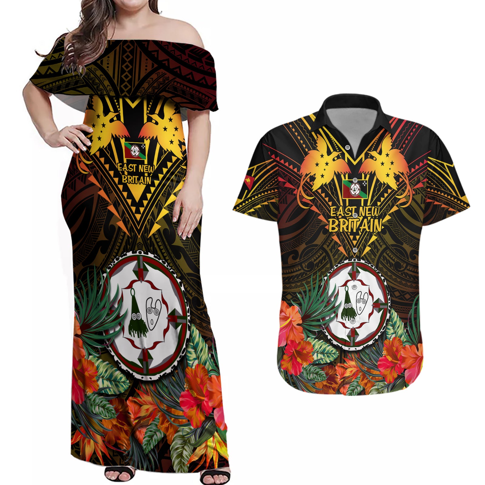 Papua New Guinea East New Britain Province Couples Matching Off Shoulder Maxi Dress and Hawaiian Shirt Papua Niugini Coat Of Arms With Flag Style LT14 Black - Polynesian Pride