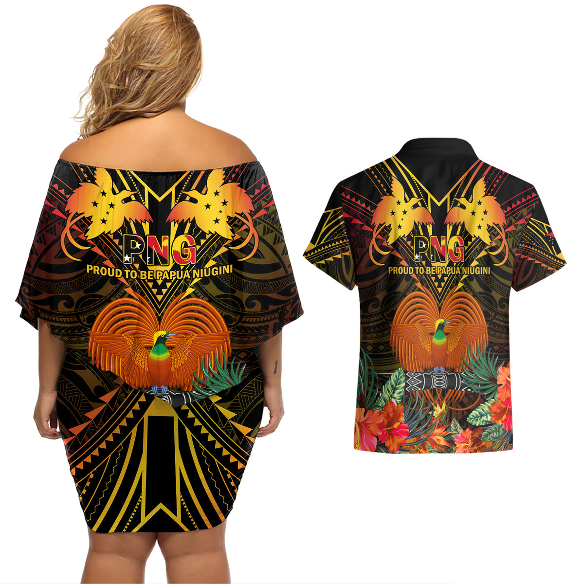 Papua New Guinea East New Britain Province Couples Matching Off Shoulder Short Dress and Hawaiian Shirt Papua Niugini Coat Of Arms With Flag Style LT14 - Polynesian Pride