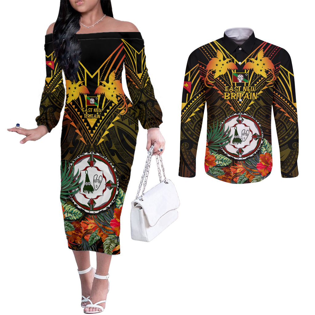 Papua New Guinea East New Britain Province Couples Matching Off The Shoulder Long Sleeve Dress and Long Sleeve Button Shirts Papua Niugini Coat Of Arms With Flag Style LT14 Black - Polynesian Pride