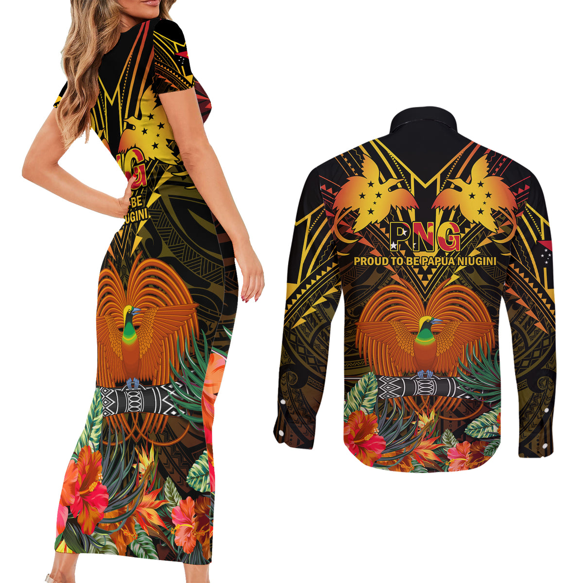 Papua New Guinea East New Britain Province Couples Matching Short Sleeve Bodycon Dress and Long Sleeve Button Shirts Papua Niugini Coat Of Arms With Flag Style LT14 - Polynesian Pride