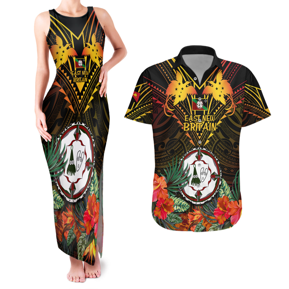 Papua New Guinea East New Britain Province Couples Matching Tank Maxi Dress and Hawaiian Shirt Papua Niugini Coat Of Arms With Flag Style LT14 Black - Polynesian Pride