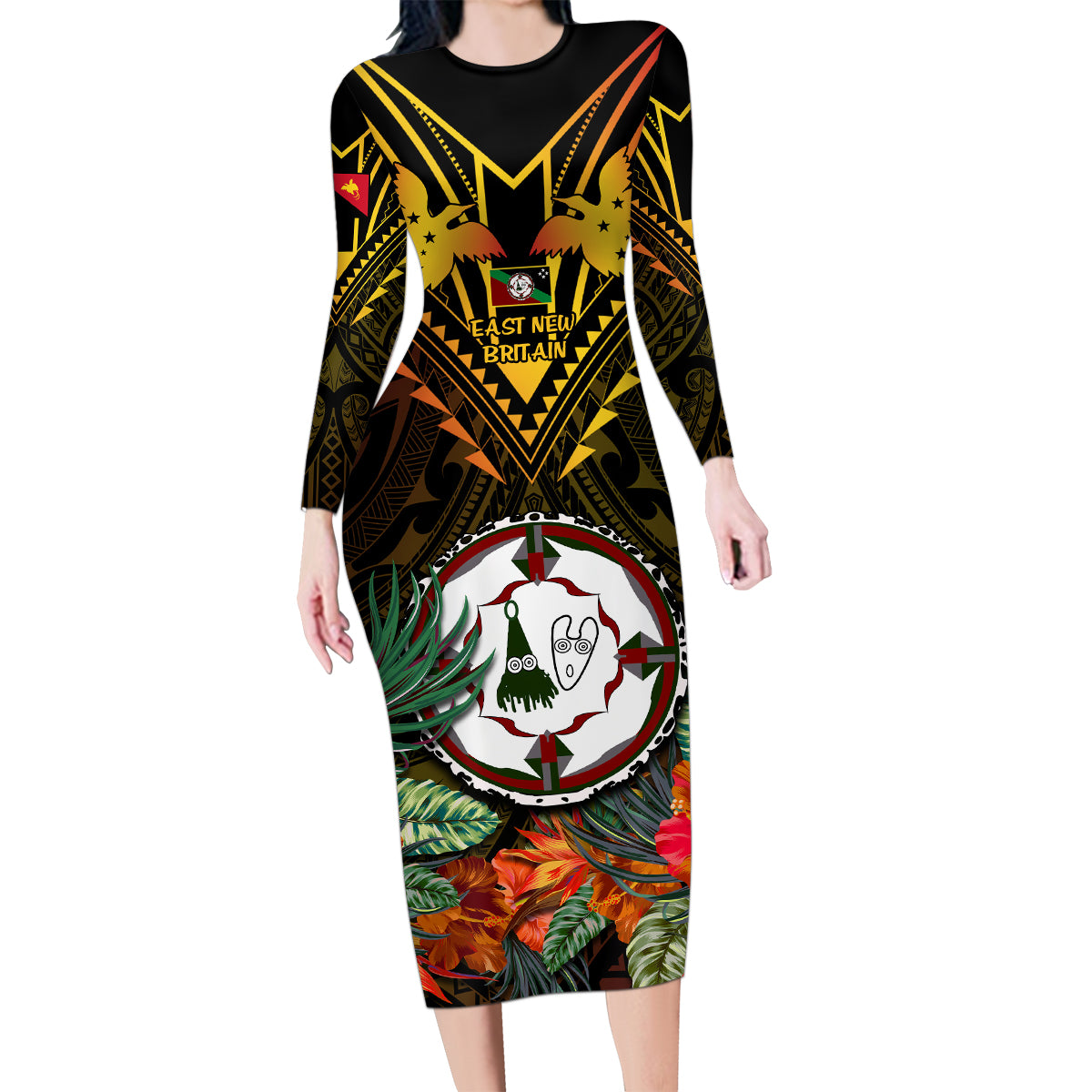 Papua New Guinea East New Britain Province Family Matching Long Sleeve Bodycon Dress and Hawaiian Shirt Papua Niugini Coat Of Arms With Flag Style LT14 Mom's Dress Black - Polynesian Pride