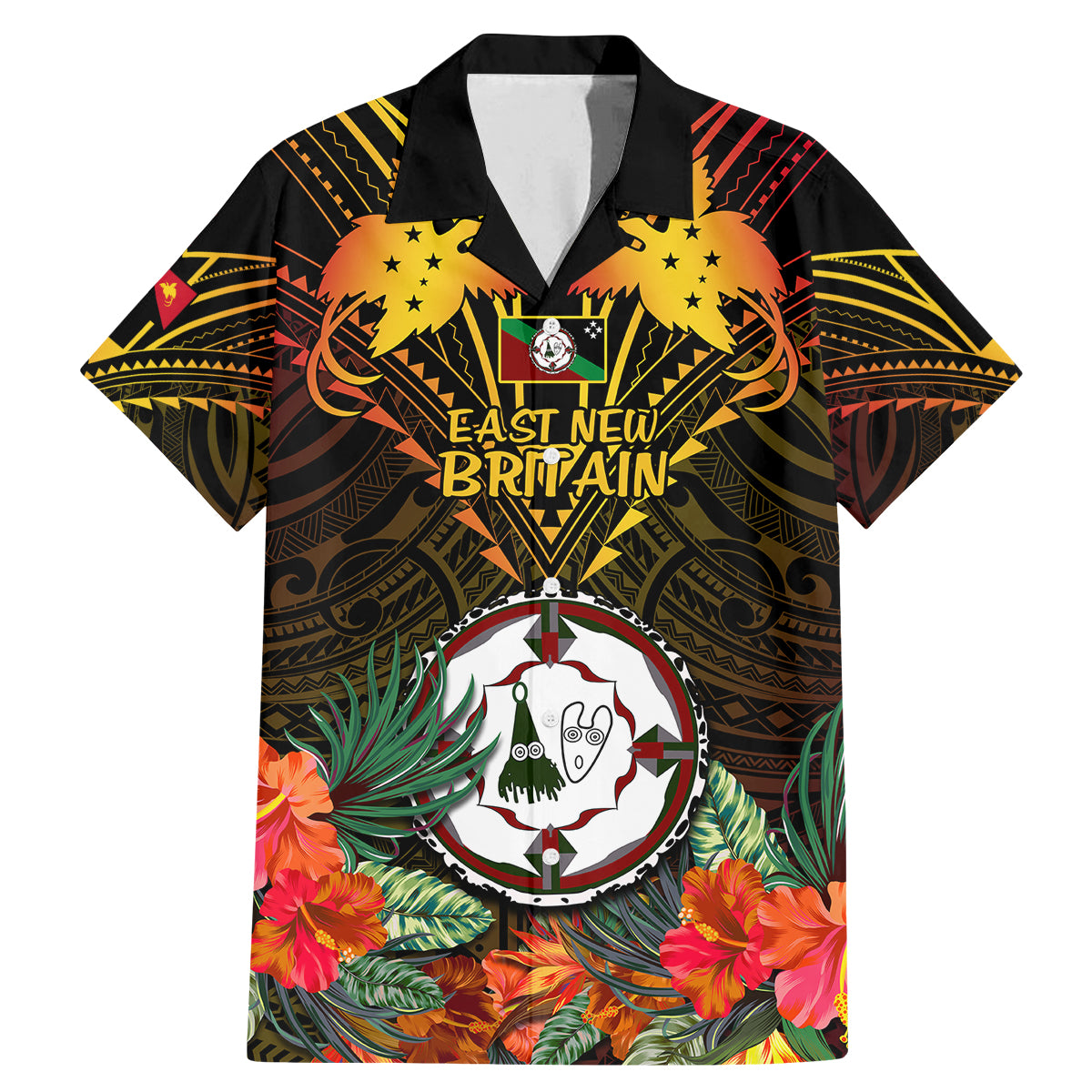 Papua New Guinea East New Britain Province Family Matching Mermaid Dress and Hawaiian Shirt Papua Niugini Coat Of Arms With Flag Style LT14 Dad's Shirt - Short Sleeve Black - Polynesian Pride