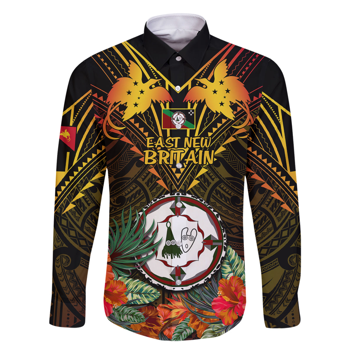 Papua New Guinea East New Britain Province Family Matching Off Shoulder Maxi Dress and Hawaiian Shirt Papua Niugini Coat Of Arms With Flag Style LT14 Dad's Shirt - Short Sleeve Black - Polynesian Pride