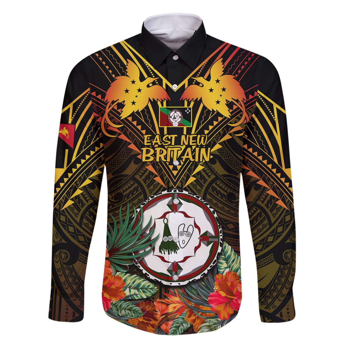 Papua New Guinea East New Britain Province Family Matching Short Sleeve Bodycon Dress and Hawaiian Shirt Papua Niugini Coat Of Arms With Flag Style LT14 Dad's Shirt - Long Sleeve Black - Polynesian Pride