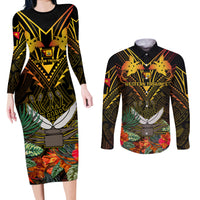 Papua New Guinea Western Province Couples Matching Long Sleeve Bodycon Dress and Long Sleeve Button Shirts Papua Niugini Coat Of Arms With Flag Style LT14 Black - Polynesian Pride