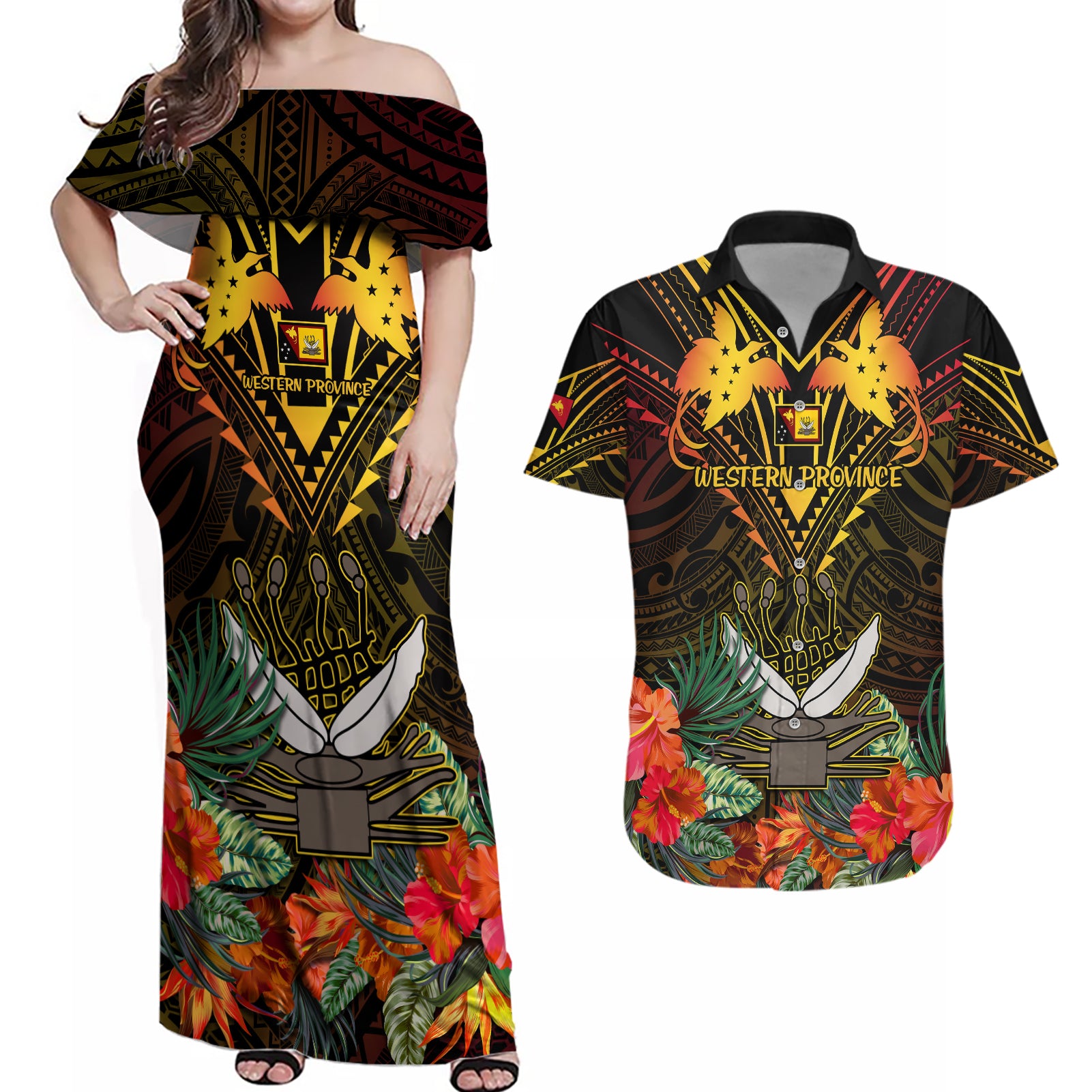 Papua New Guinea Western Province Couples Matching Off Shoulder Maxi Dress and Hawaiian Shirt Papua Niugini Coat Of Arms With Flag Style LT14 Black - Polynesian Pride