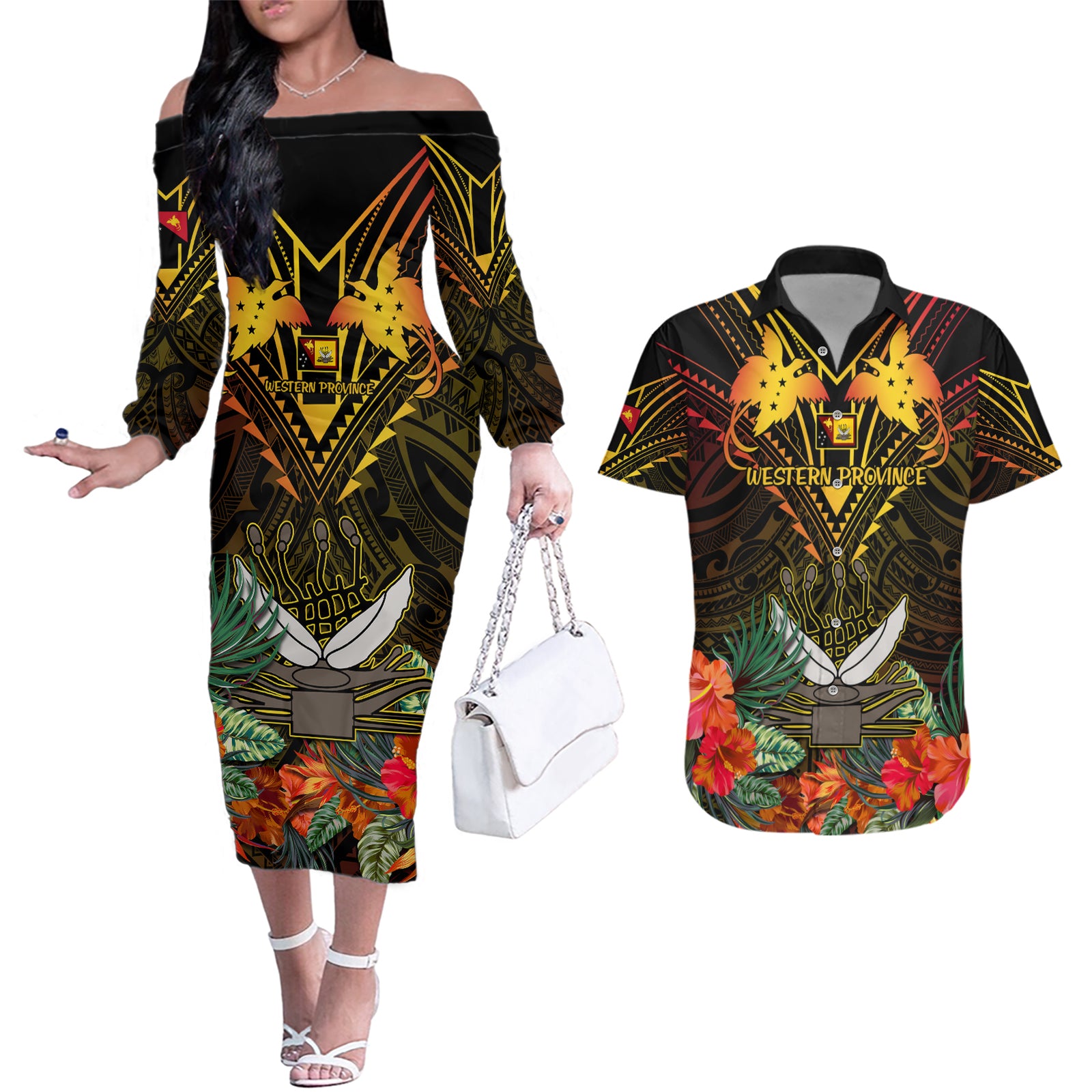 Papua New Guinea Western Province Couples Matching Off The Shoulder Long Sleeve Dress and Hawaiian Shirt Papua Niugini Coat Of Arms With Flag Style LT14 Black - Polynesian Pride