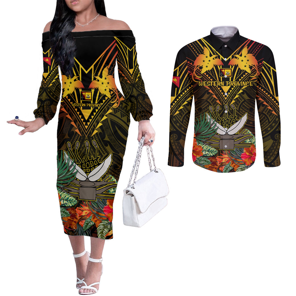 Papua New Guinea Western Province Couples Matching Off The Shoulder Long Sleeve Dress and Long Sleeve Button Shirts Papua Niugini Coat Of Arms With Flag Style LT14 Black - Polynesian Pride