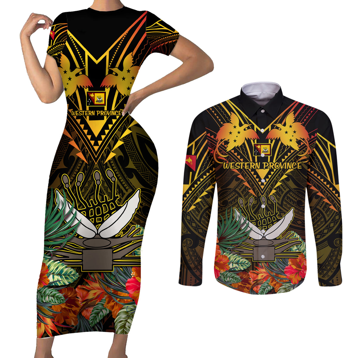 Papua New Guinea Western Province Couples Matching Short Sleeve Bodycon Dress and Long Sleeve Button Shirts Papua Niugini Coat Of Arms With Flag Style LT14 Black - Polynesian Pride