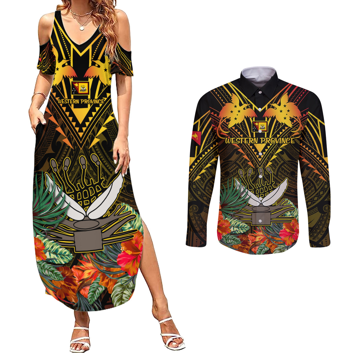 Papua New Guinea Western Province Couples Matching Summer Maxi Dress and Long Sleeve Button Shirts Papua Niugini Coat Of Arms With Flag Style LT14 Black - Polynesian Pride