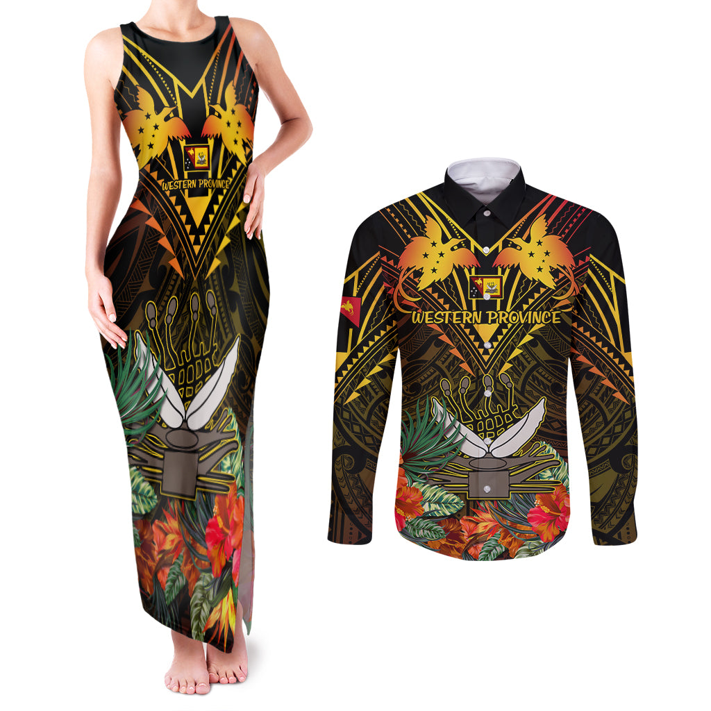 Papua New Guinea Western Province Couples Matching Tank Maxi Dress and Long Sleeve Button Shirts Papua Niugini Coat Of Arms With Flag Style LT14 Black - Polynesian Pride