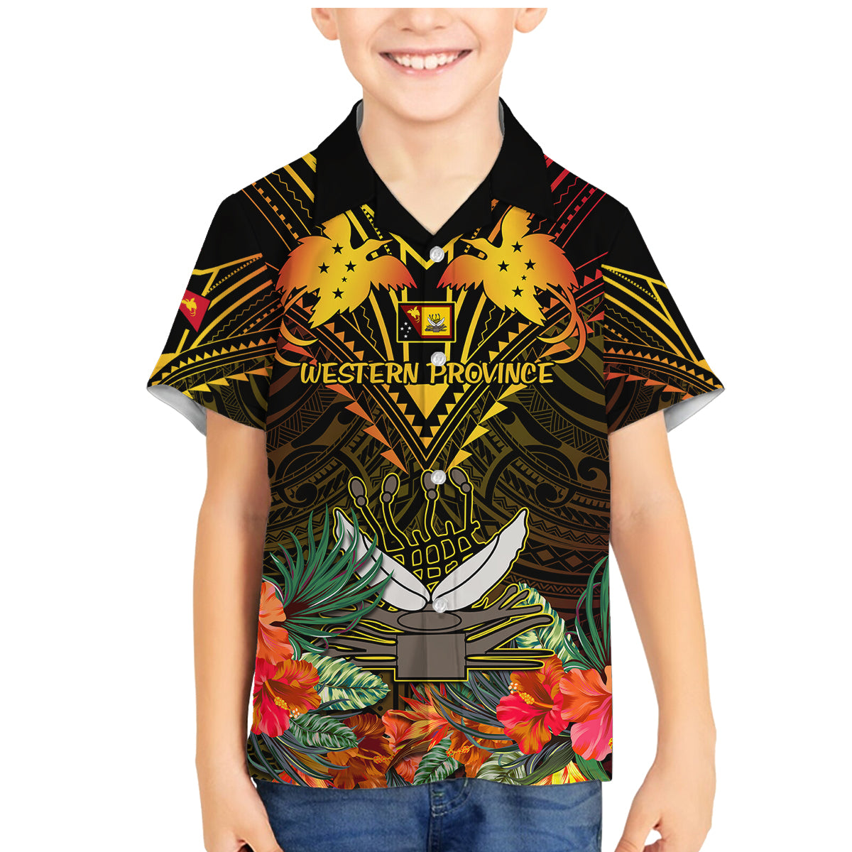 Papua New Guinea Western Province Family Matching Mermaid Dress and Hawaiian Shirt Papua Niugini Coat Of Arms With Flag Style LT14 Son's Shirt Black - Polynesian Pride