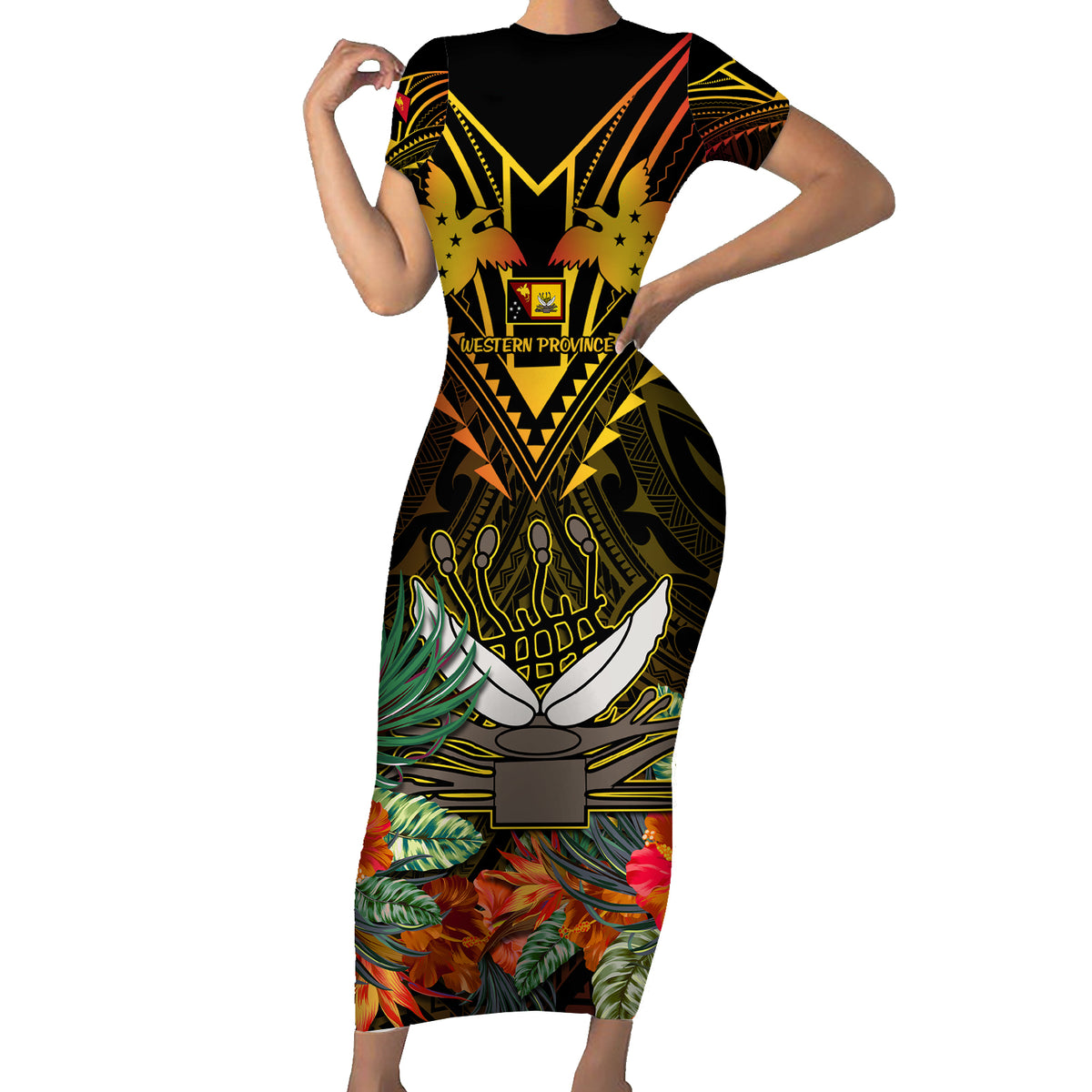 Papua New Guinea Western Province Family Matching Short Sleeve Bodycon Dress and Hawaiian Shirt Papua Niugini Coat Of Arms With Flag Style LT14 Mom's Dress Black - Polynesian Pride