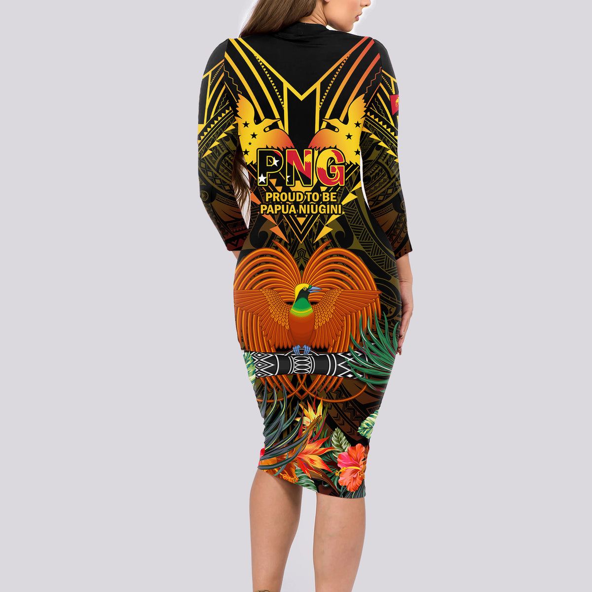 Papua New Guinea Western Province Long Sleeve Bodycon Dress Papua Niugini Coat Of Arms With Flag Style LT14 - Polynesian Pride