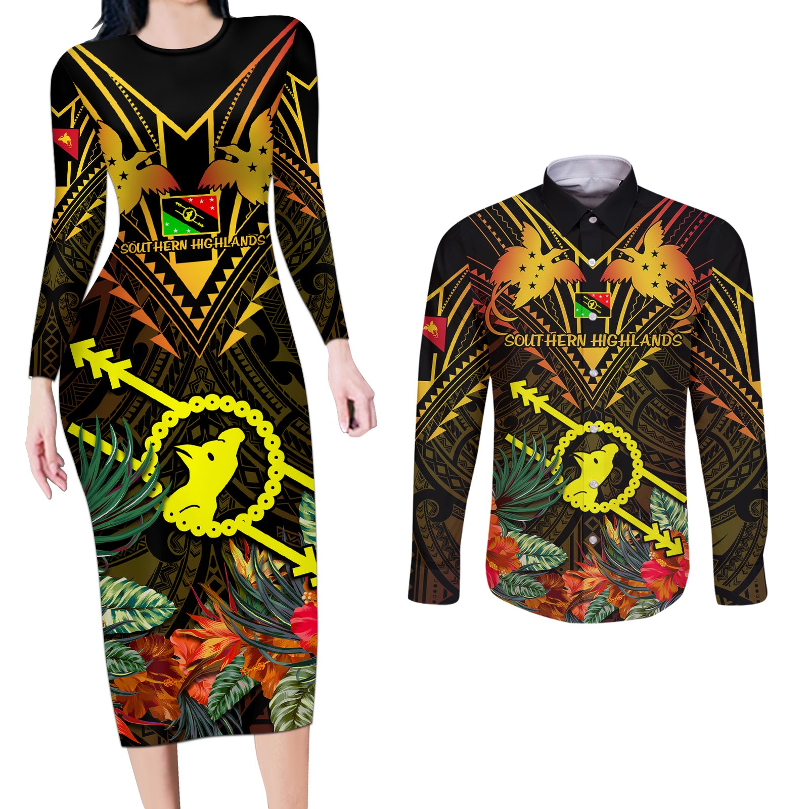 Papua New Guinea Southern Highlands Province Couples Matching Long Sleeve Bodycon Dress and Long Sleeve Button Shirts Papua Niugini Coat Of Arms With Flag Style LT14 Black - Polynesian Pride